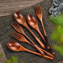 Dinnerware Sets Natural Wooden Spoon Fork Dinner Kit Rice Soups Utensil Cereal Handmade Home Cookware Cutlery For Kitchen