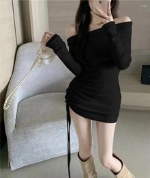 Casual Dresses Knit Woman Dress 2024 Vestidos De Mujer Sexy Slash Neck Slim Waist Drawstring Robe Femme Off Shoulder Long Sleeve Mini