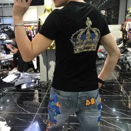 Men's T-Shirts Short Sleeved T-shirt Heavy Industry Sequins IronDiamond Crown Coat Korean Version of Fashion Clothing J240515