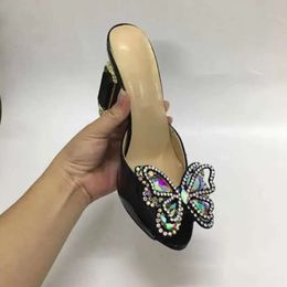 women Ladies 2024 patent real leather Rhinestone high heels sandals summer Flip-flops slipper slip-on wedding dress shoes diamon 79b