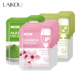 LAIKOU 7pcs Mud Face Mask Mung Bean Matcha Cherry Blossoms Moisturising Oil Control Firming Beauty Skin Care 240517