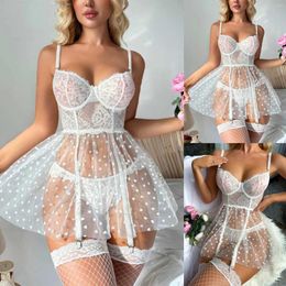 Bras Sets Fun Lingerie Sexy Women's Mesh Transparent Love Lace Pattern Charm Sling Sleeping Dress Set Nightie Gown Intimates Lenceria