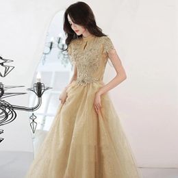 Party Dresses Champagne Celebrity Dress Embroidery Tassel Sleeve Applique Tulle Lace Up A Line Floor Length Formal Evening Prom Gown