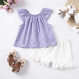 Clothing Sets summer Breathable and comfortable round neck small flying sleeve top shorts Children and Girls Cute set Y240520IOMS