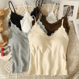 Womens Camisole Sleeveless Tank Tops Solid Color Korean Version V Neck Slim Fashion Lace Stitching With Chest Pad 240516