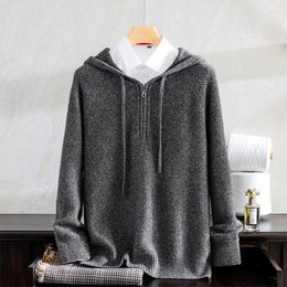 Men's Sweaters Autumn And Winter Goat Cashmere Sweater Knit Top Hooded Half Zip Can Be Worn