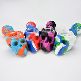 Skull Style Colourful Silicone Hand Tube Glass Philtre Singlehole Holes Bowl Portable Herb Tobacco Cigarette Holder Smoking Pocket Dabber Spoon Tip Straw Pipes DHL