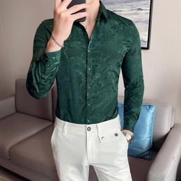 Men's Casual Shirts 2024 Mens High Quality Stripe Slim Fit Long Sleeve Shirts/Male Fashion Business Dress Shirt Green Black Lapel