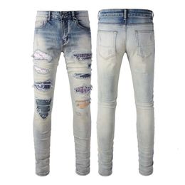 amri designer amrir purple brand ksubi jeans paint amiriri for mens jnco jeans higher High Street Jeans Trendy Brand Mens Broken Hole Patch Beggars Open Knee Jeans 133