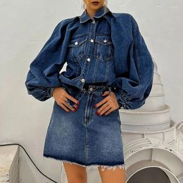 Work Dresses Women Autumn Winter Retro Solid Denim Set Long Sleeve Single Breasted Cardigan Coat High Waist A-line Skirt Two Piece