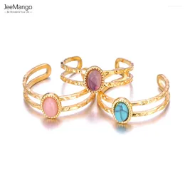 Cluster Rings JeeMango 316L Stainless Steel Natural Opal Stone For Women 18K Gold Plated Vintage Open Ring Jewellery JR23047