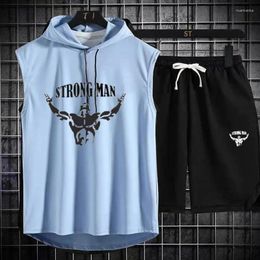 Men's Tracksuits Cool And Breathable Summer Mens Muscle Hoodie Vest Sleeveless Bodybuilding Gym Workout Shirt High Quality Sports Suit