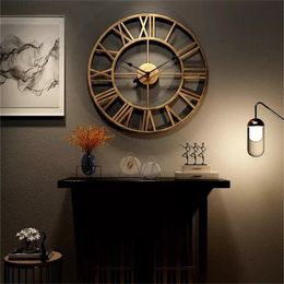 Modern 3D Large Wall Clocks Roman Numerals Retro Round Metal Iron Accurate Silent Nordic Hanging Ornament Living Room Decoration 240520