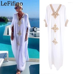 Fashion Summer Cotton Gold Embroidered Robe Beach Outwear Spring Vacation Coat Sunscreen Long Skirts Bikini Cover Up Women's