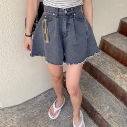 Women's Shorts Gagarich Korean Chic Summer Retro High Waist One Button Double Pocket Loose Wide Leg Ragged Edge Denim