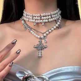 Choker Fashion Personalized Multi-Layered Pearl Cross Pendant Necklace Clavicle Chain For Women Temperament Jewelry Accessories Gifts