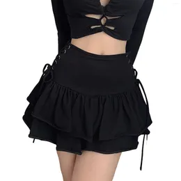 Skirts Gothic Style Mini Skirt Women's Satin High Waist Elastic Drawstring Slim Fit Short Fashion Female Y2k A Line