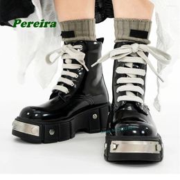 Boots Thick Soled Motorcycle Metal Decoration Lace Up Round Toe Platform Women's Ankle Glossy Knight Booty Spicy Girls