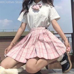 Japanese School Uniform Korean Student JK Seifuku Blouse Pleated Skirt Sailor Full Set Girl Plaid Skirt Pink Uniforms for Woman 240513