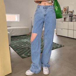 Women's Jeans High Waist Women Street Style Casual Loose Straight Denim Pants Classic Ripped Hole Female Washed Blue Jean Trousers