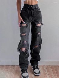 Women's Jeans Women Casual Denim High Waist Ripped Hole Straight Loose Pants Ladies Baggy Jean