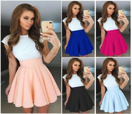 Short Pleated Dress Summer White Lace Mini Dresses Women 2018 Patchwork Beach Ball Gown Casual Dress Candy Colors1072117