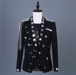 Black White Mirror Chain Tassel Jacket Slim Coat Stage Costumes Singer Jacket Blazer Outerwear Performance Tuxedo Male Host Fashio9211384