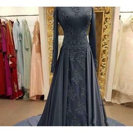 Modest Grey Muslim Evening With Sleeves High Neck Lace Formal Prom Dresses Vintage Arabic Long Fashion Wear Vestido De Festa 0521