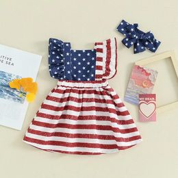 Girl Dresses 0-24M Baby Girls Dress With Headband Sets For Independence Day Sleeve Stars Stripe Print A-line Toddler Summer Clothes