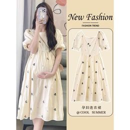 New Maternity Dresses Summer Fashion A-line Loose Short Sleeve Skirt Pregnant Women Clothing Pregnancy Mom Printed Doll Dress L2405