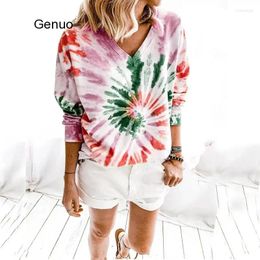 Women's Blouses 2024 Womens Casual V-neck Shirt Long Sleeve Tie Dye Print Loose Tops Fashion Pullover Autumn Winter