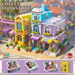 Blocks Creative Coffee Bookstore Cuban Hotel City Mini Art Street View with Illuminated Assembly Puzzle Toys Gifts for Children and Girls H240521