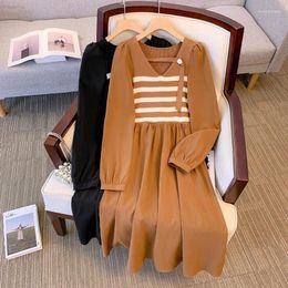 Casual Dresses Women's Striped Knitted Dress V-Neck Patchwork A-Line Mid-Length Elegant All-Matched Autumn Office Lady Wear