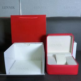 Watch Boxes Red Luxury Leather Package Display Box Or High-end Portable Jewellery Travel Gift Case With Customised LENNIK Bag Card Paper