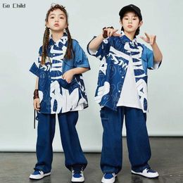 Clothing Sets Hip Hop Boys Graffiti Jeans Shirt Loose Pants Girls Street Dance Cool Denim Jacket Kids Jazz Clothes Sets Children Streetwear Y2405205EBP