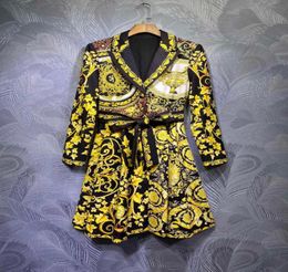 Europeanstyle tailored dress with black contrast yellow print tie bow tie dress with collar and long sleeves7877828