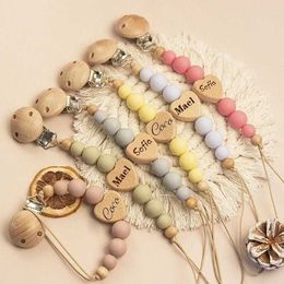 Pacifier Holders Clips# Customised Name Wooden Personalised Baby Nipple Chain Silicone Bead Dummy Nipple Stand Teeth Protector Pendant Newborn Gift d240521