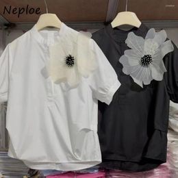 Women's Blouses Neploe Stand Collar Puff Sleeve 3D Flower Shirt Casual All-match Butterfly Ruched Solid Moda Pullover Women Mujer Tops