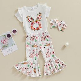 Clothing Sets Easter Born Baby Girls Summer Flower Print Ruffles Short Sleeve T-shirts Flare Pants Headband Outfits