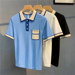 Mens Summer Fashion Lapel Ice Silk Thin T-shirt Male Striped Knitted Polo Shirt Men Short Sleeve Casual Tee Tops D32 240521