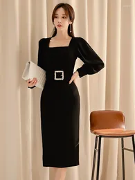 Casual Dresses Fashion Ladies Formal Occasion Black Pencil Long Women Clothes Elegant Square Collar Slim Dress Robe Femme Mujer Vestido