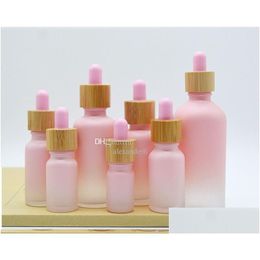 Packing Bottles Wholesale Frosted Glass Dropper Bottle Pipette Drip Pink Color With Bamboo Cap 1Oz Essential Oil 5Ml 10Ml 20Ml 30Ml Dhyr0