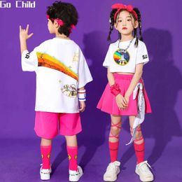 Clothing Sets Kids Streetwear Hip Hop Summer Clothes Set Boys T-shirt Street Dance Solid Shorts Girls Crop Top Sweet Skirts Child Jazz Costume Y240520LQEC