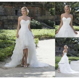 Sleeveless White Organza High Low Country Wedding With Pleated Bodice Corset Tiered Skirt Beach Bridal Dress Gown Plus Size 0521