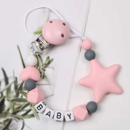 Pacifier Holders Clips# Personalised name Baby handmade pacifier clip silicone safety dental chain baby Pentagon star glue cork dummy clip d240521
