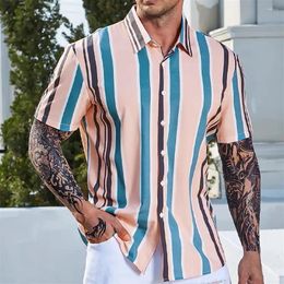 Men's Casual Shirts Foreign Muscle 2024 Simple Stripe Printed Shirt Hawaiian Fashion Short Sleeve Silhouette Smooth Line Top Fit Loose