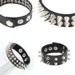 Punk Bracelet for Men Women - Goth Black Leather Wristband with Metal Spike Studded- Spike Rivets Cuff Bangle Adjustable