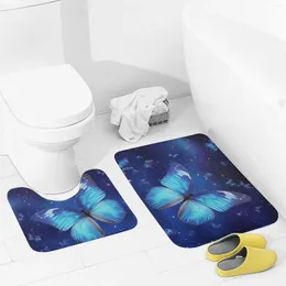 Bath Mats Bathroom Rugs Sets 2 Piece Blue Starry Butterfly Absorbent U-Shaped Contour Toilet Rug