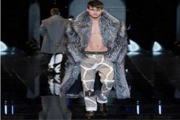 Warm faux silver fox fur coat mens leather jacket men long trench coat villus suit collar winter loose thermal england outerwear5582499