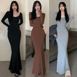 Casual Dresses Korean Version Fishtail Dress Solid Color Square Neck Slimming Sexy Wrap Buttocks